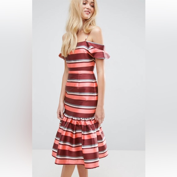 ASOS Pink, Dark Mauve, White & Grey Striped Ruffle Dress - Picture 4 of 16